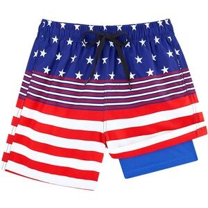 Blue and Red Swim Trunks with Patriotic Design
